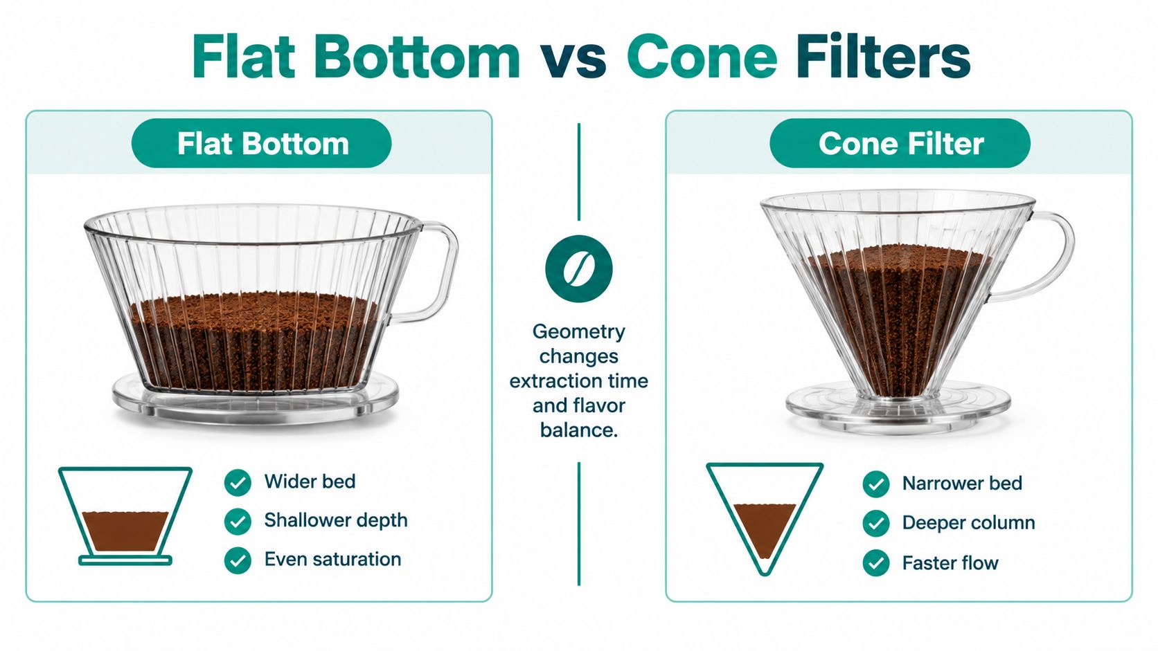 A comparison chart showing the differences between flat bottom and cone coffee drippers and their brewing characteristics.