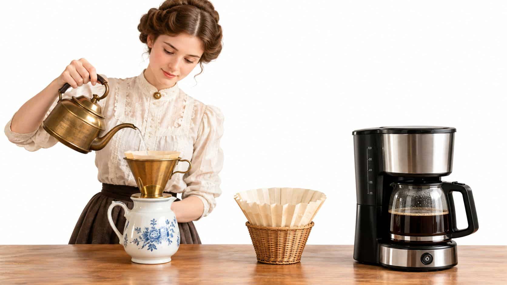 A woman in vintage clothing pours water into a manual filter while an electric coffee maker sits nearby.