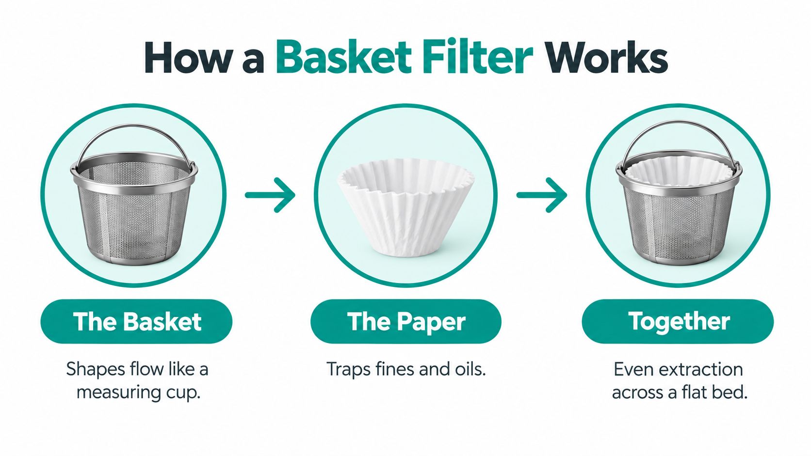A diagram illustrating how a coffee basket filter works by combining a metal basket and paper filter.