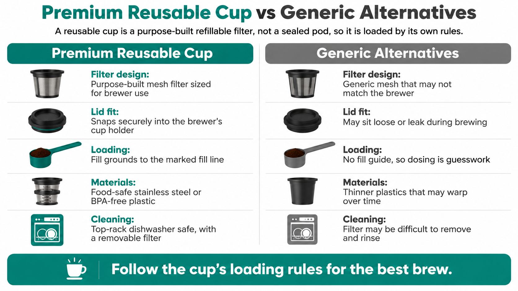 A comparison chart highlighting the benefits of a premium reusable coffee cup over generic alternatives.