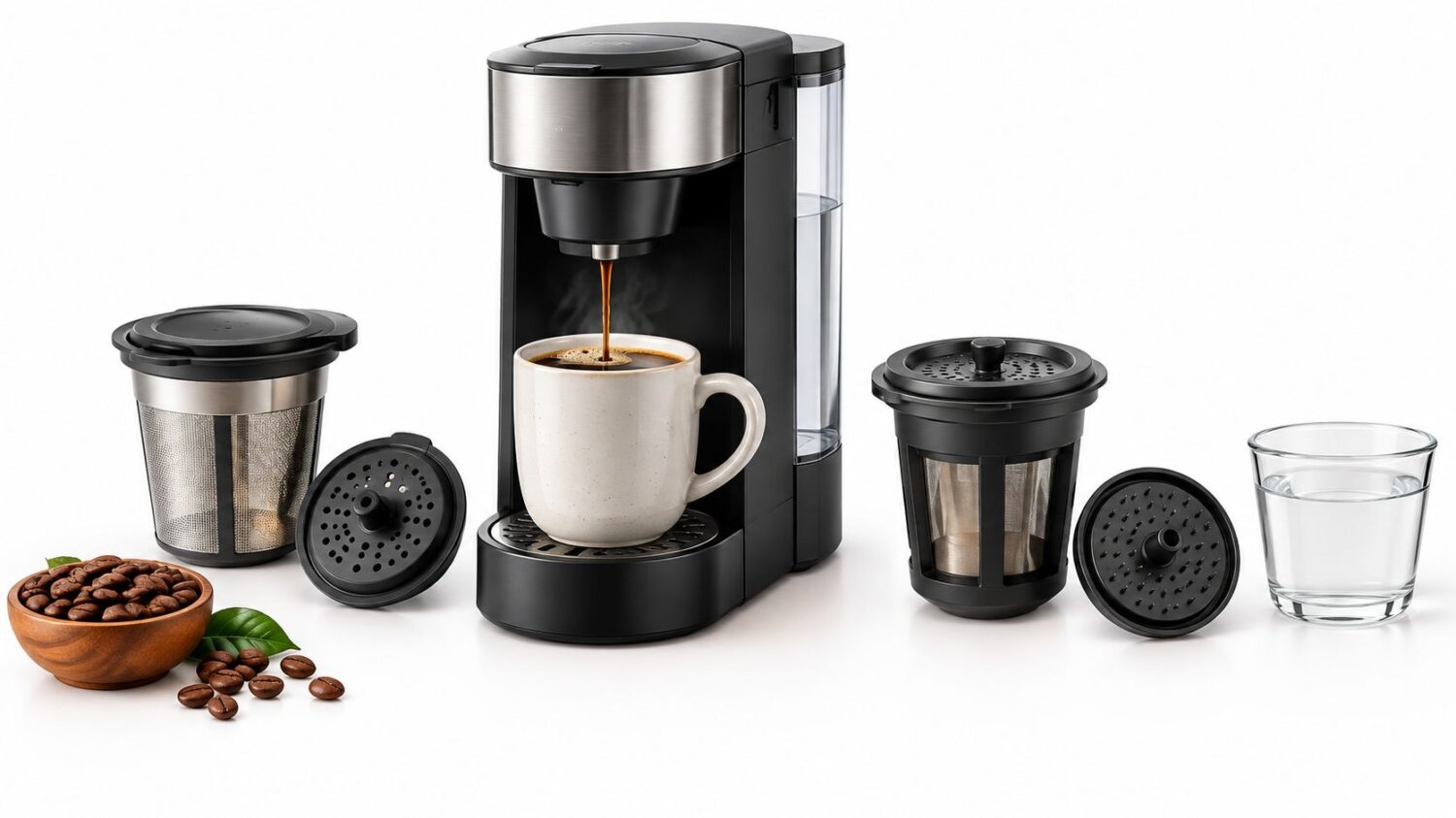 Black single-serve coffee maker brewing coffee into a mug, with accessories.