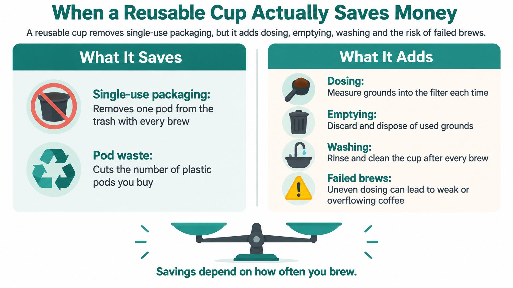 An infographic comparing the benefits of saving packaging versus the extra work involved in using reusable coffee cups.