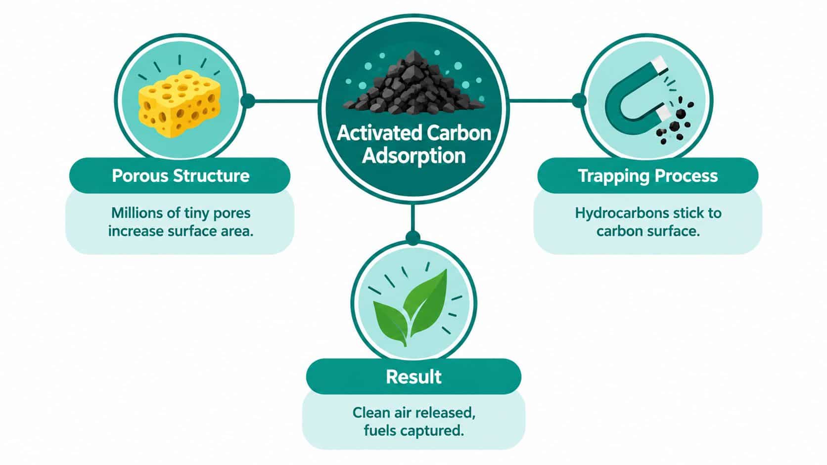 A diagram explaining activated carbon adsorption as a process for trapping hydrocarbons to release clean air.