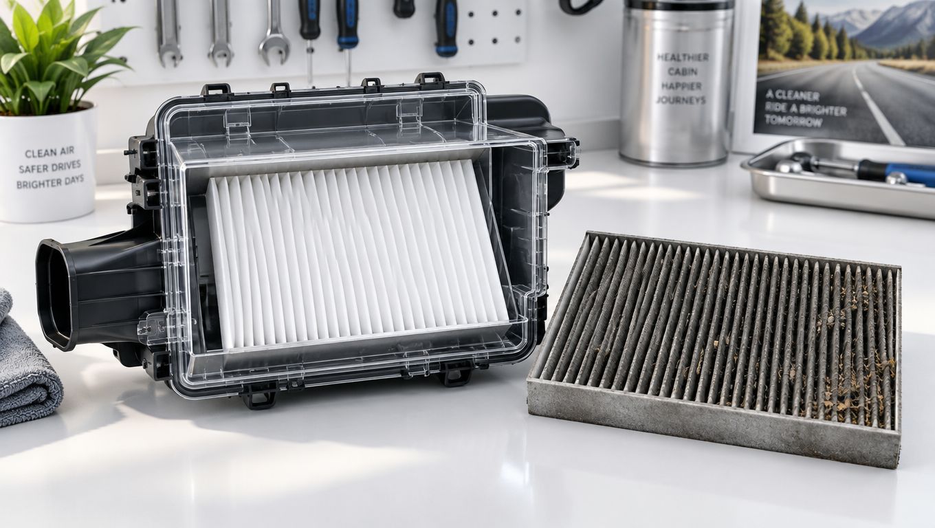 A new clean cabin air filter inside a plastic housing next to a dirty used car air filter.