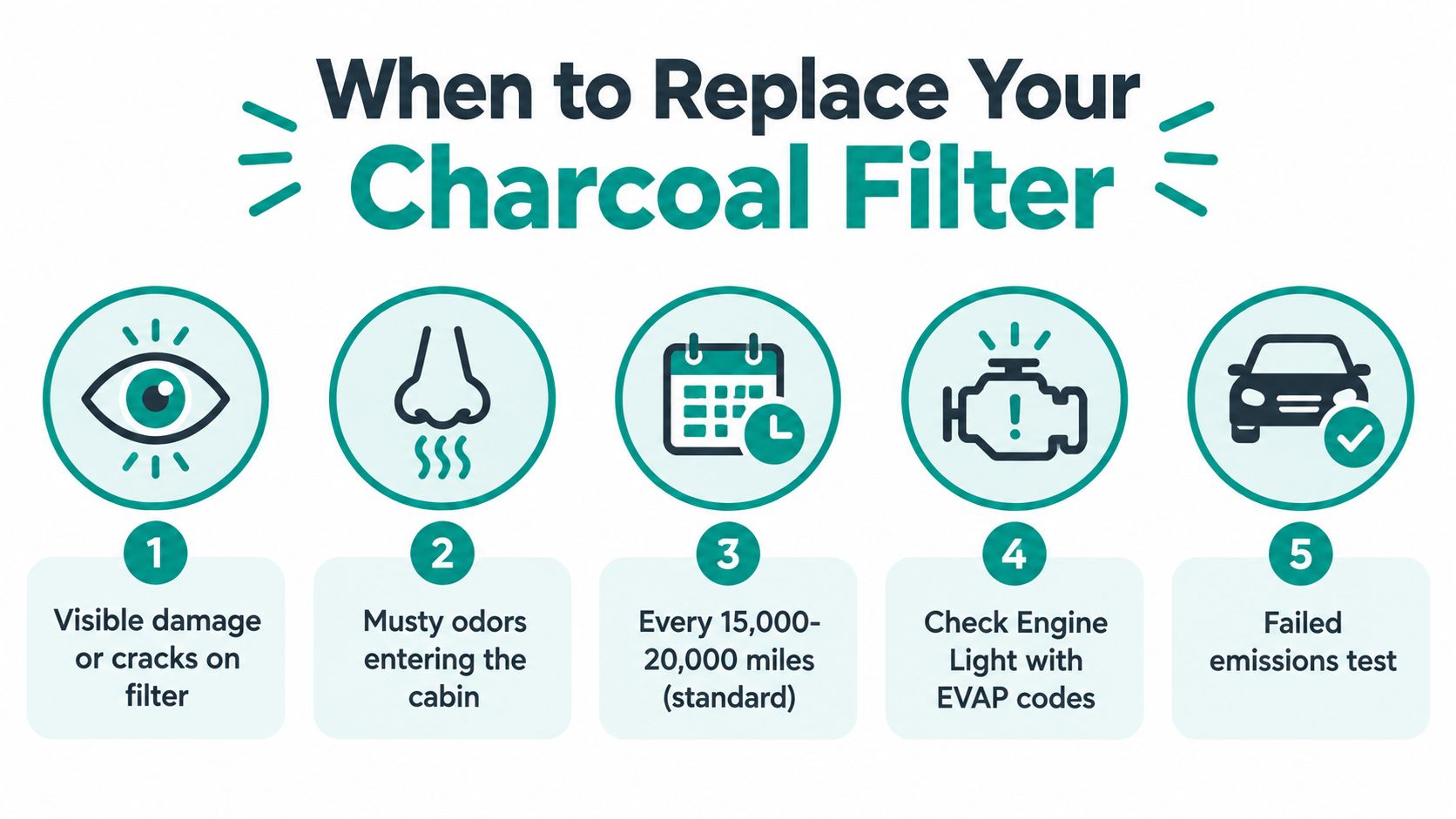 An infographic showing five signs when to replace your charcoal filter in a car, including visual and mechanical indicators.
