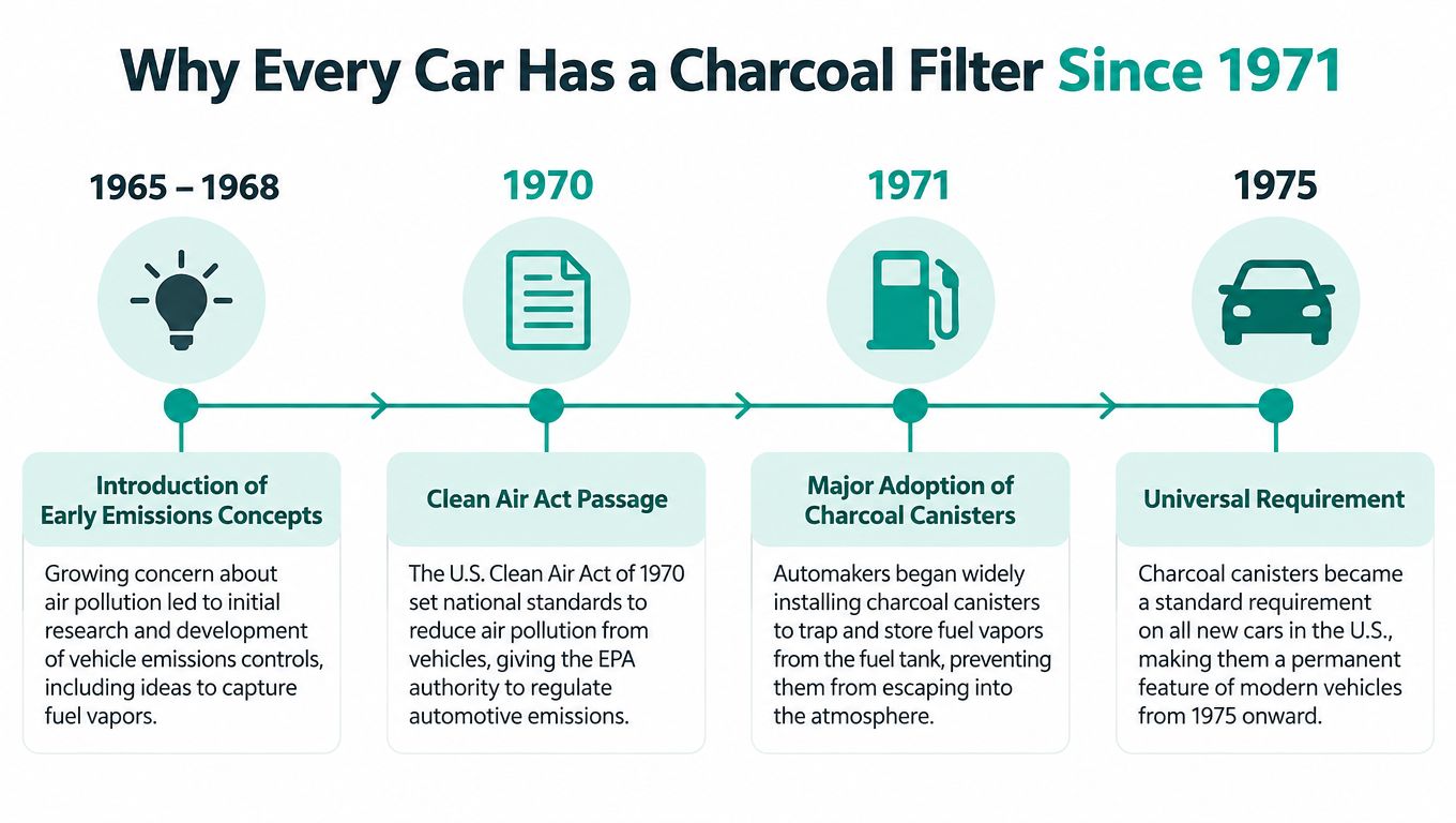 A timeline graphic showing the history of charcoal filter canisters in cars from 1965 to 1975.