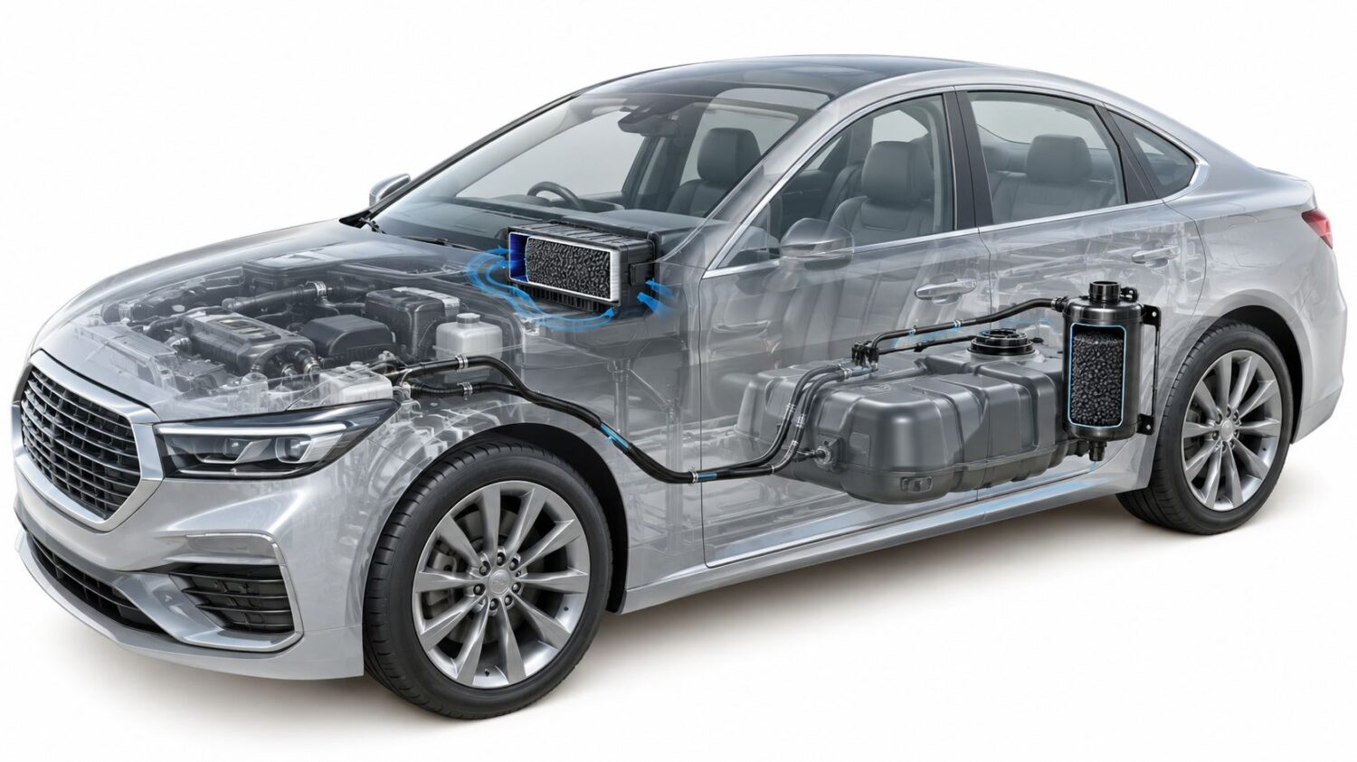 Cutaway view of a car showing its advanced fuel system and engine components.