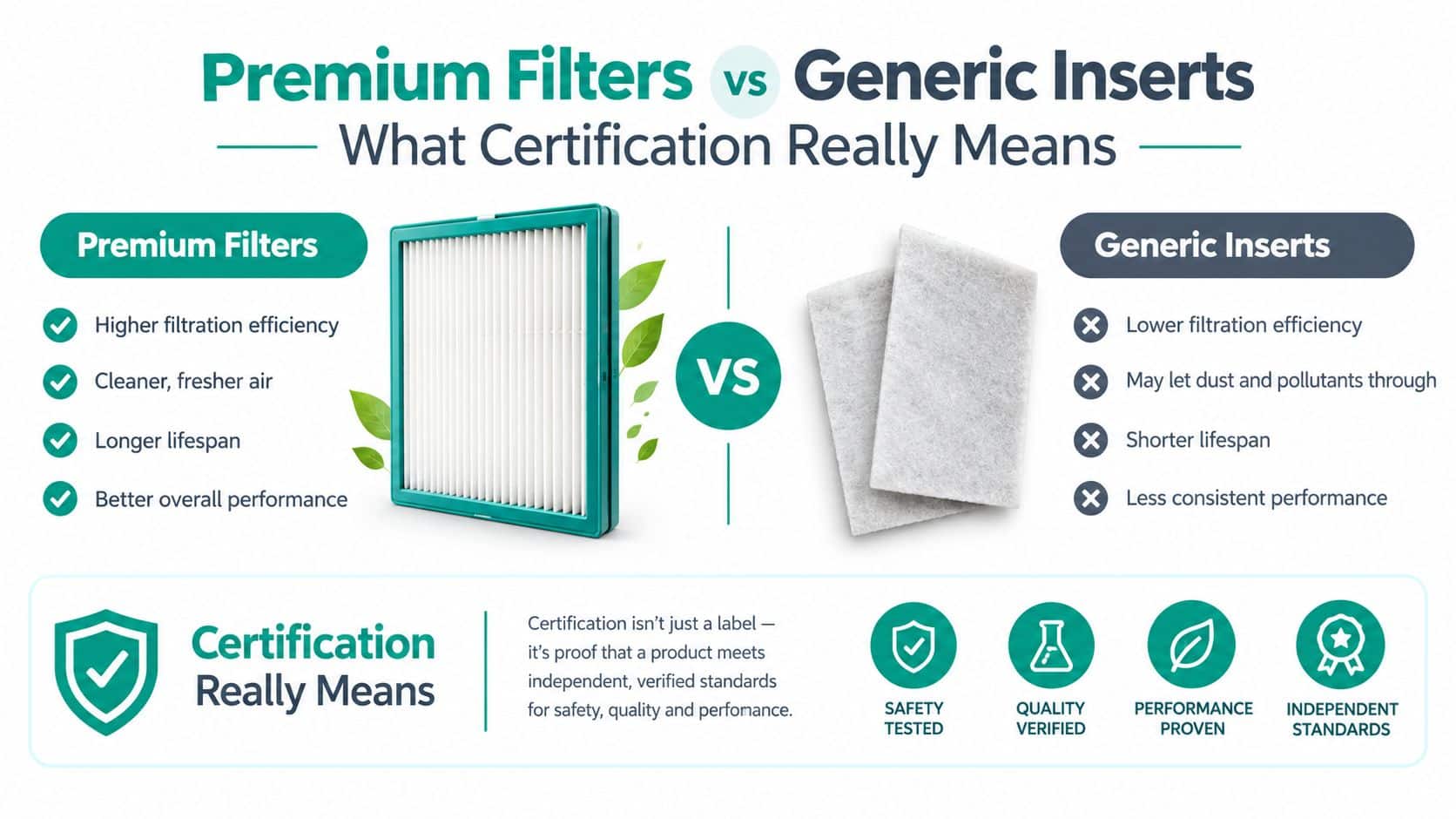 A comparison infographic between premium air filters and generic inserts, highlighting certification, efficiency, and overall performance benefits.
