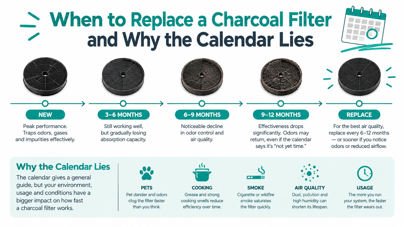 An infographic titled When to Replace a Charcoal Filter explaining filter lifespan and factors affecting performance.