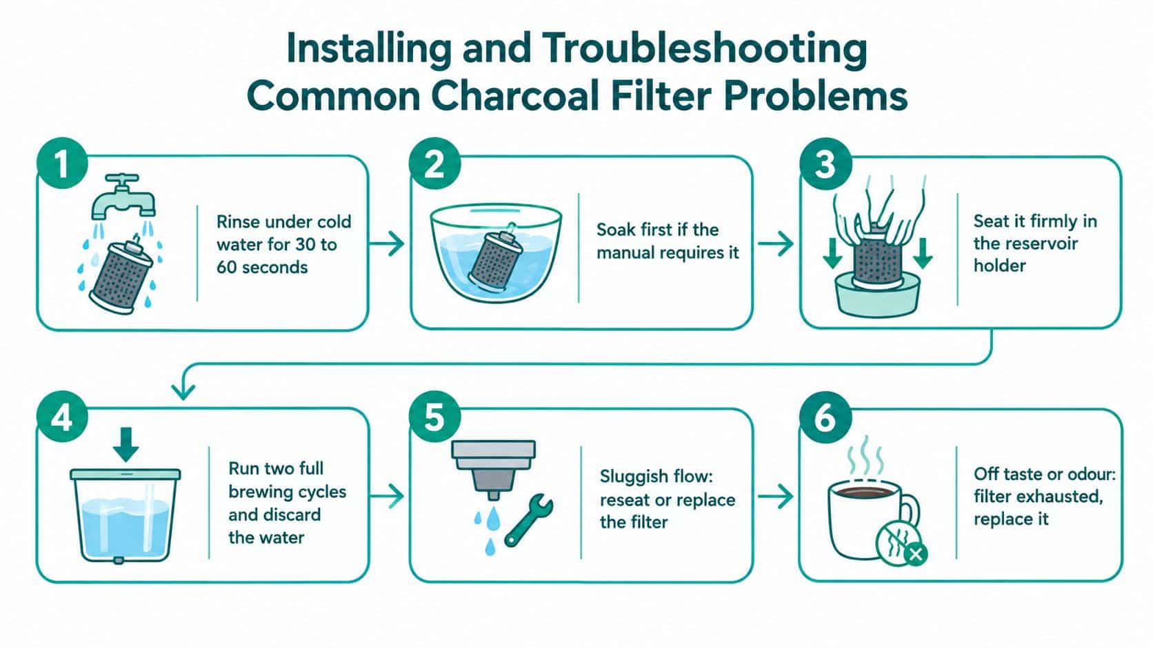 An infographic detailing the six-step process for installing and troubleshooting a charcoal water filter for coffee makers.
