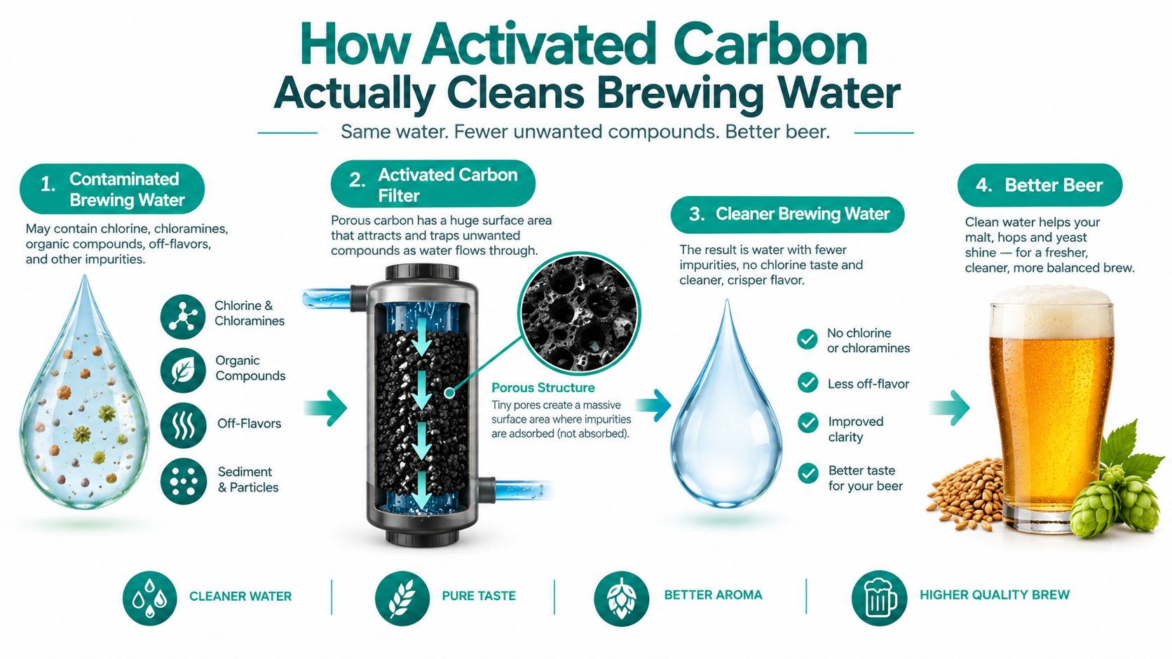 An infographic showing the four steps of how activated carbon filters remove impurities to improve brewing water.