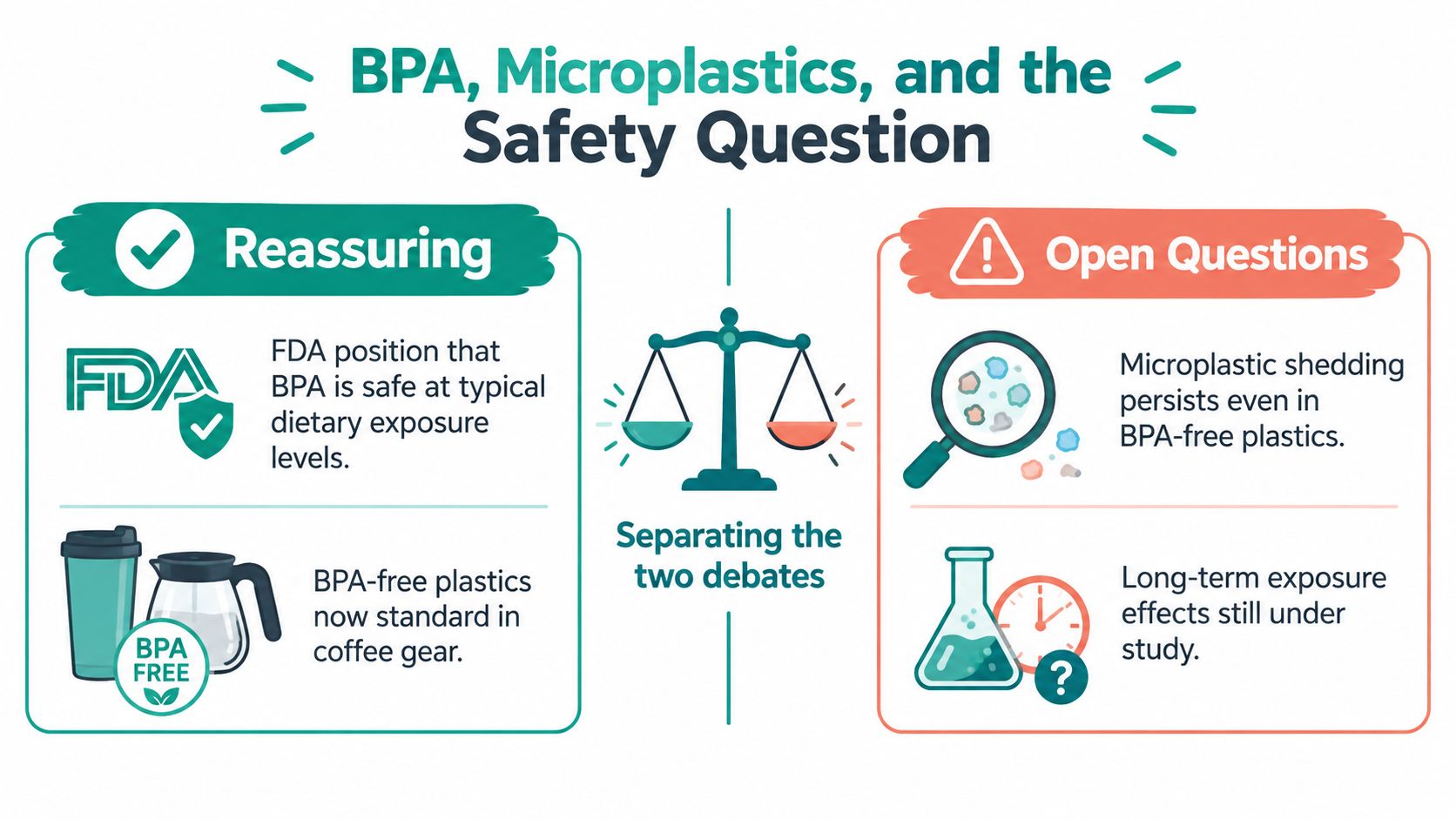 An infographic comparing reassuring FDA stances on BPA with open questions regarding microplastic shedding and health.
