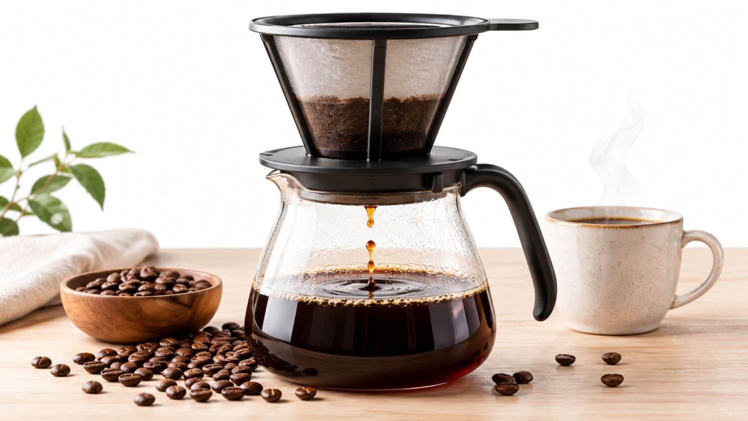 Pour-over coffee brewing with fresh beans and a steaming mug