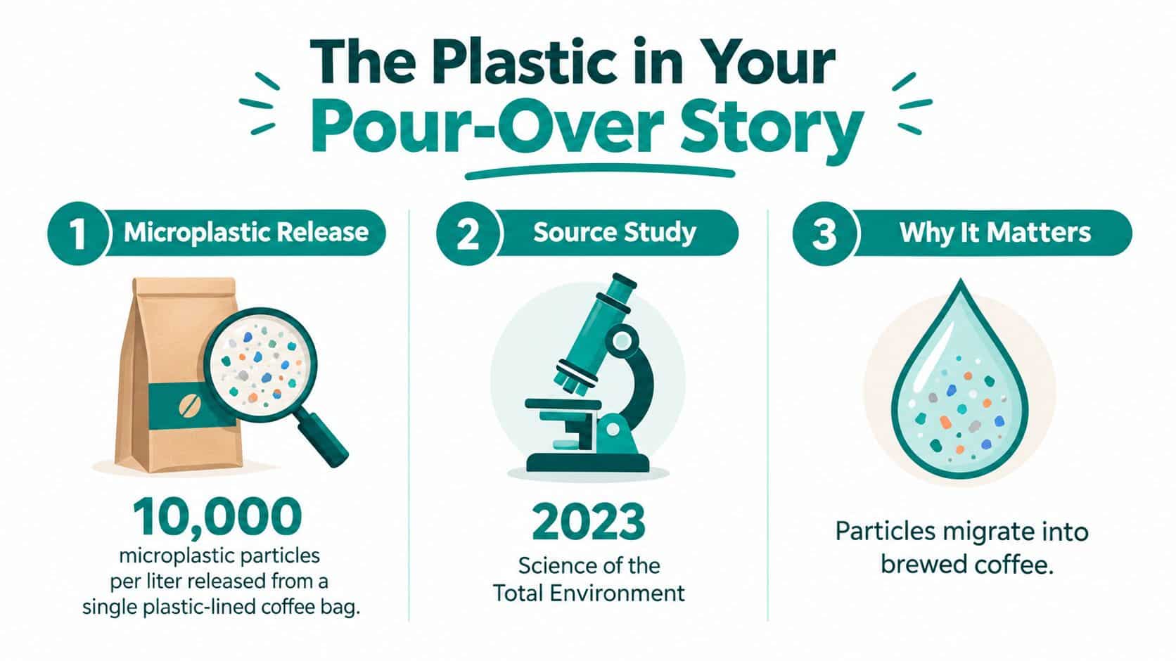 An infographic detailing the presence and migration of microplastic particles from plastic-lined coffee bags into brewed coffee.
