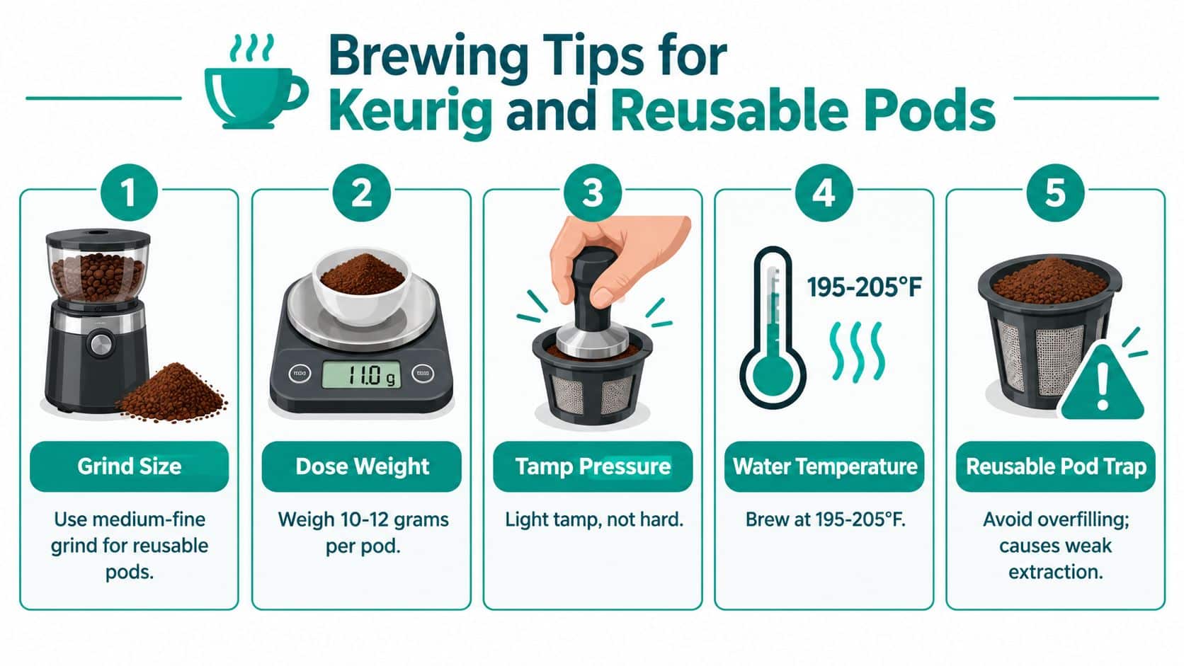 An infographic showing five tips for brewing delicious coffee using Keurig machines and reusable pods.