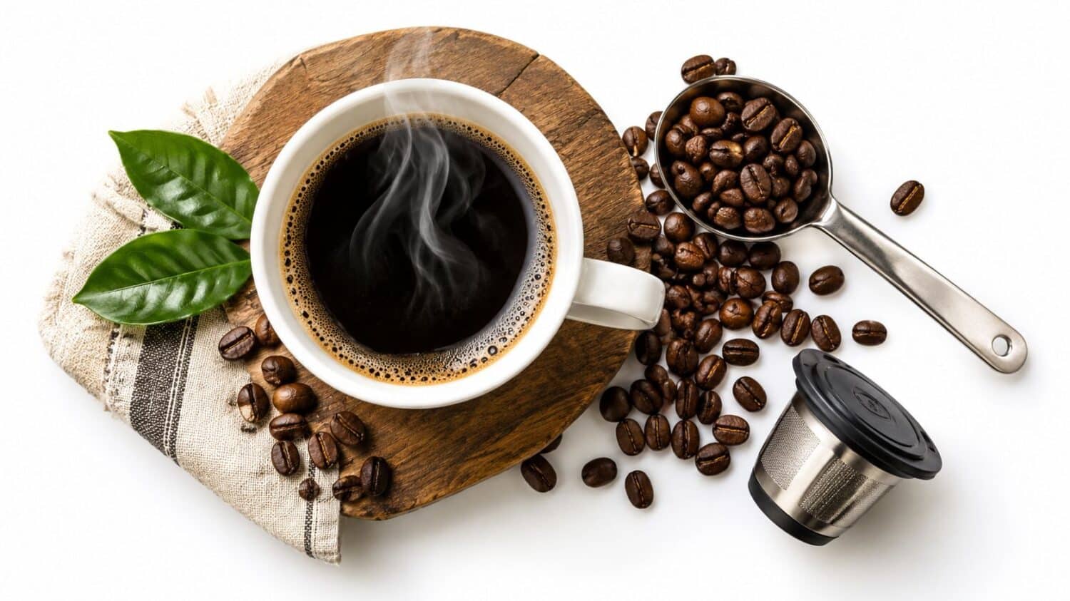 Steaming cup of black coffee with coffee beans and scoop