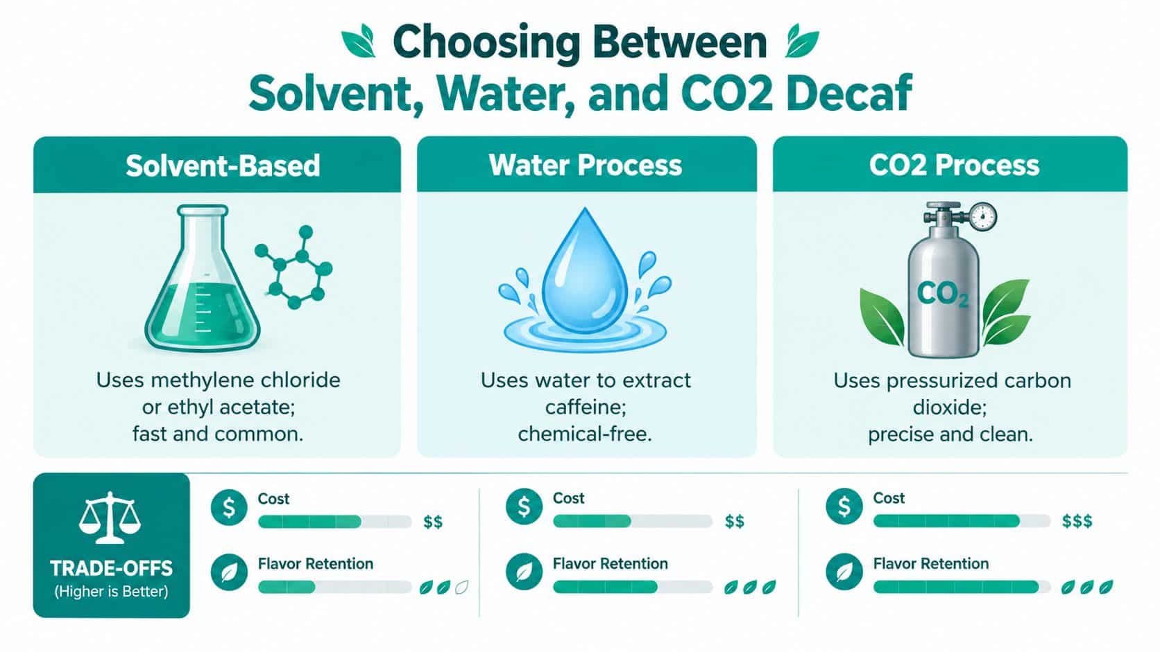 A comparison infographic showing the methods, costs, and flavor retention of solvent, water, and CO2 decaf coffee processes.