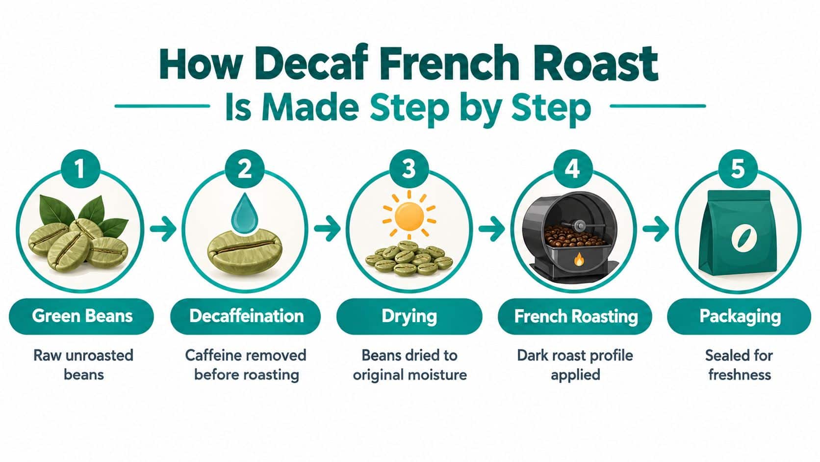 A five-step infographic illustrating the production process of decaf French roast coffee, from green beans to packaging.