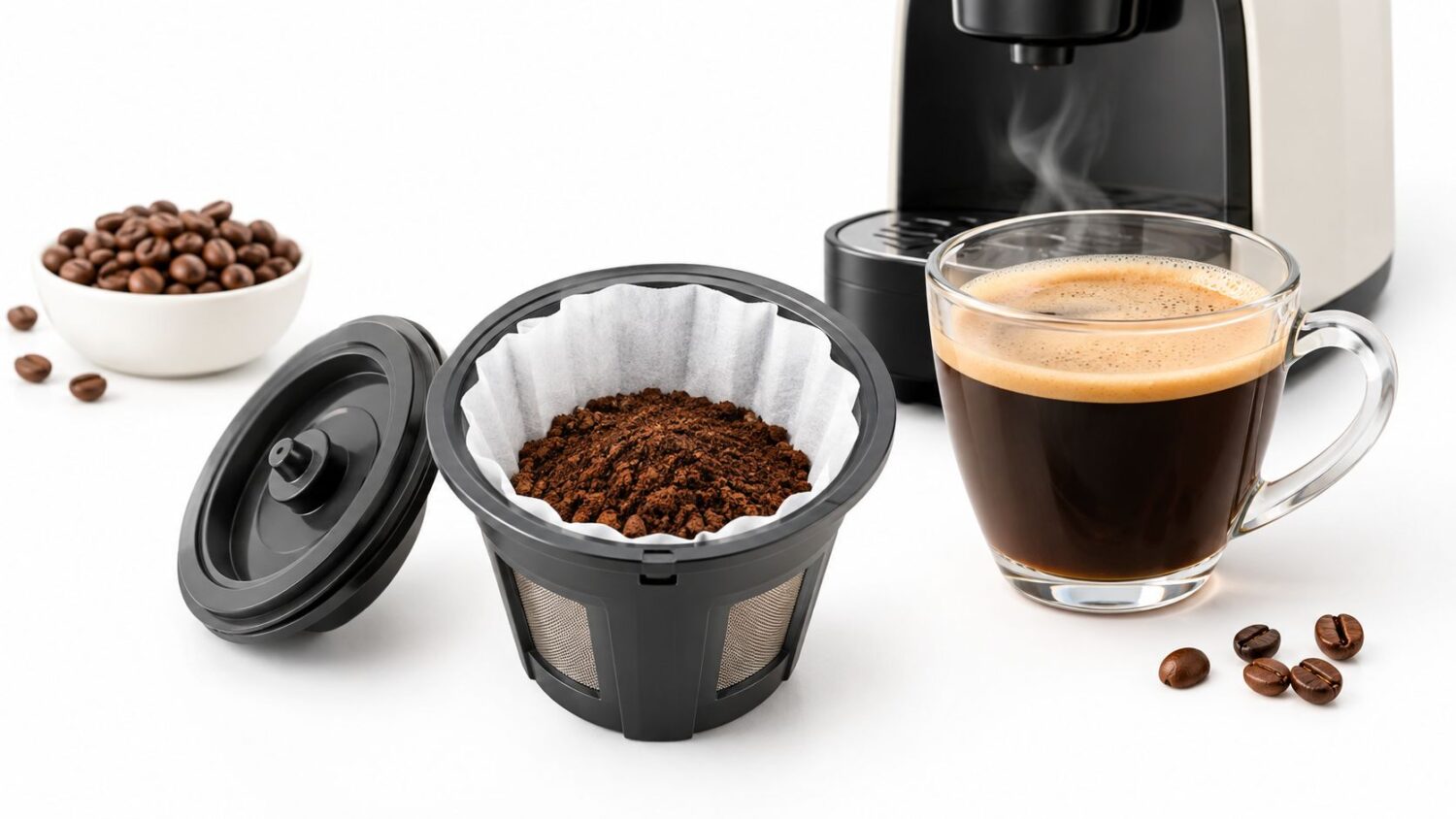 Reusable coffee filter with grounds next to a freshly brewed cup of coffee.