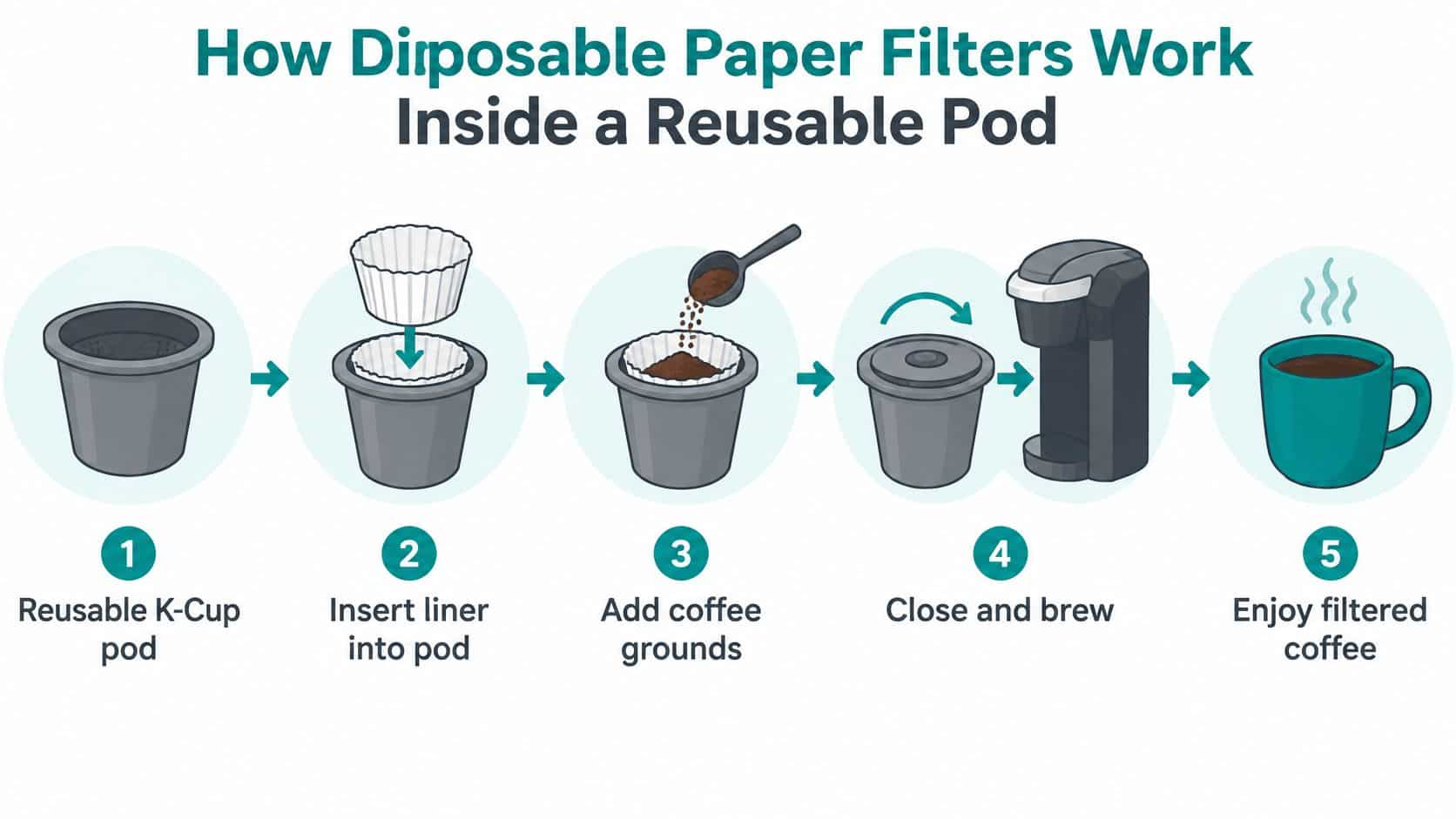 A step-by-step infographic showing how to use a disposable paper filter inside a reusable coffee pod.