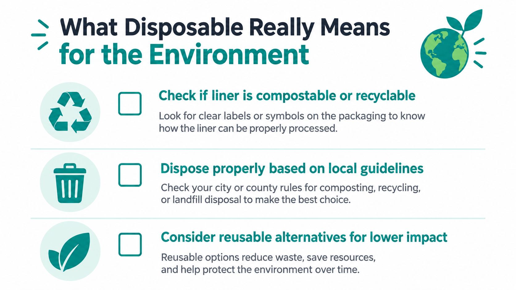 An infographic titled What Disposable Really Means for the Environment, offering three tips for sustainable disposal practices.