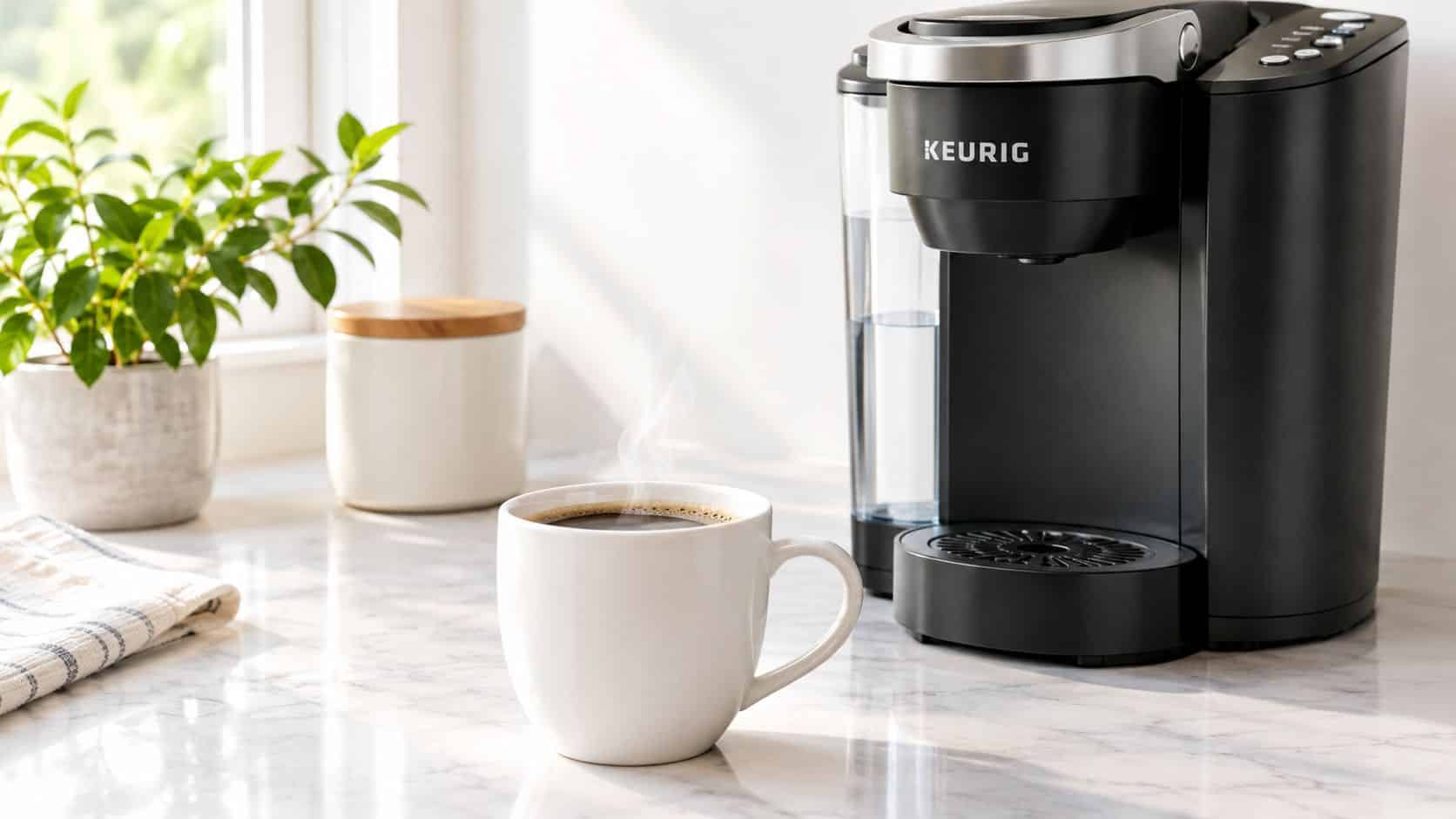 A black Keurig coffee maker sitting next to a white mug of hot coffee on a marble countertop.