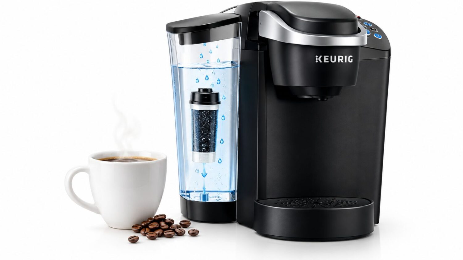 Black Keurig coffee maker with water filter, steaming coffee mug, and beans