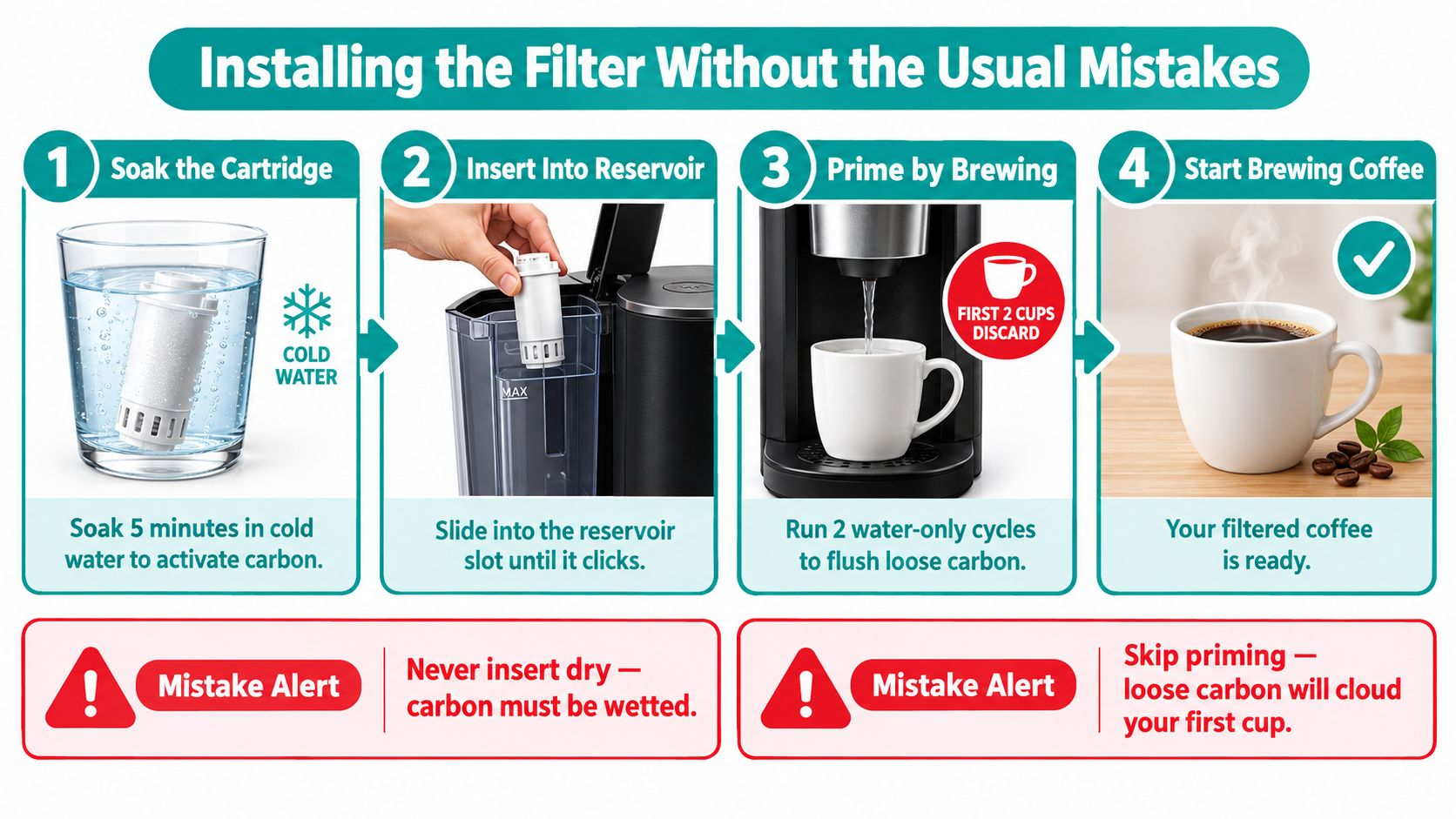 An instructional infographic detailing the four-step process for properly installing a replacement water filter in a coffee maker.