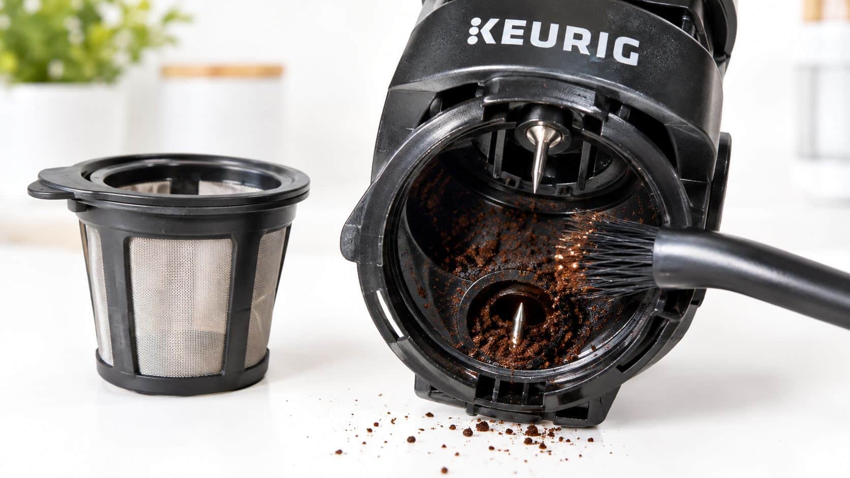 A Keurig coffee machine being cleaned with a small brush to remove loose coffee grounds residue.