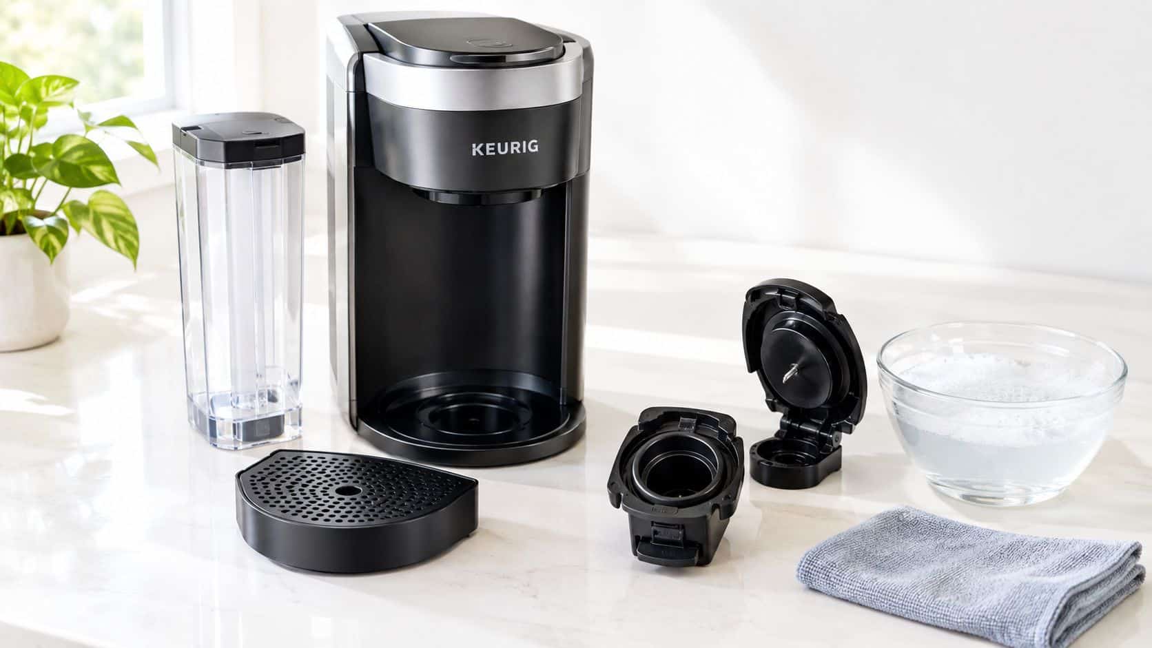 A Keurig coffee maker disassembled on a clean white countertop next to a bowl of soapy water.
