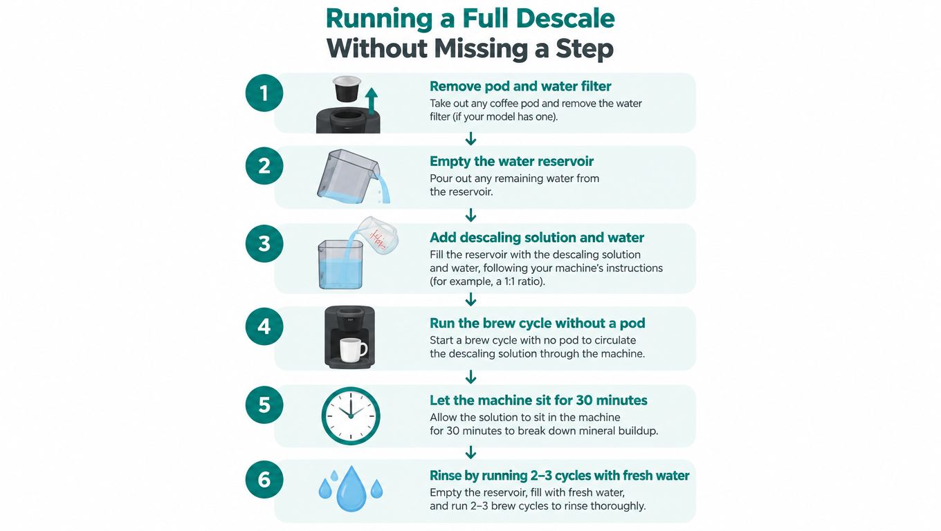 A six-step infographic guide explaining how to perform a full descaling process on coffee machines.