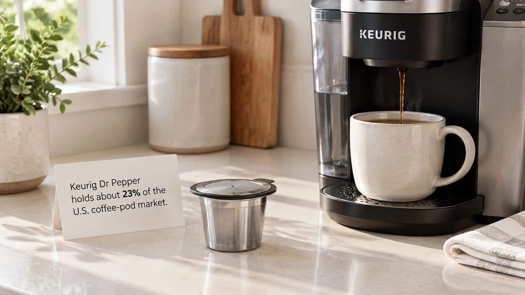 A Keurig coffee machine brewing coffee into a mug next to a reusable metal coffee pod filter.