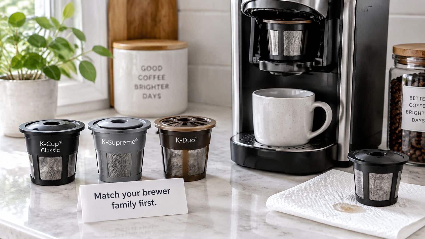 Three reusable coffee pods labeled K-Cup Classic, K-Supreme, and K-Duo sitting on a kitchen counter near a coffee maker.