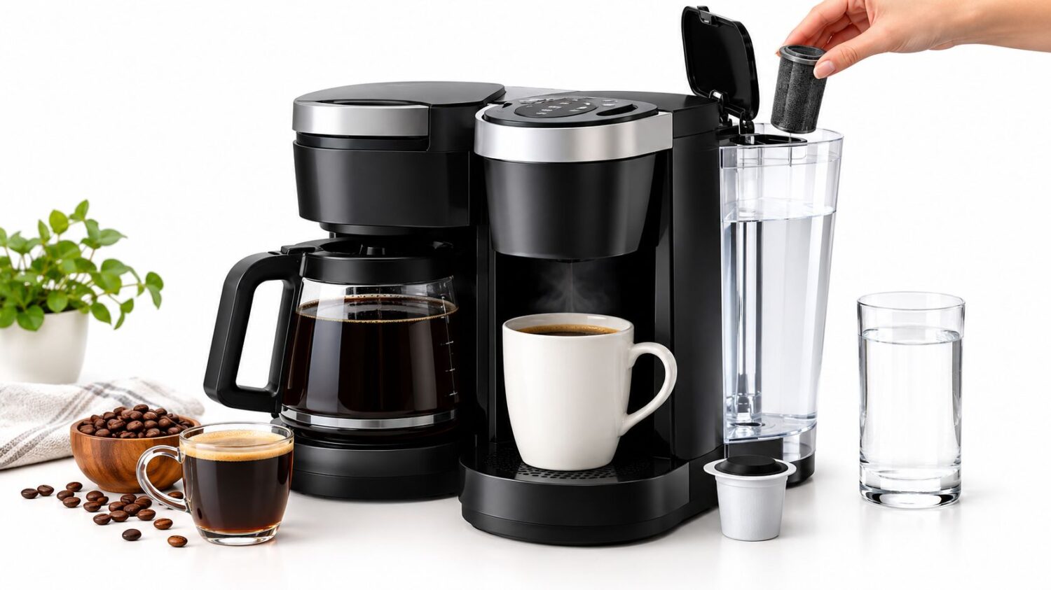 Black coffee maker brewing coffee, with a full carafe and steaming mug.