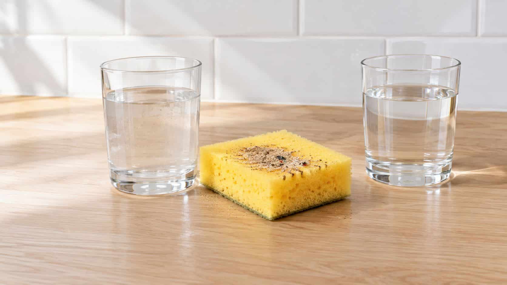 A yellow kitchen sponge covered in dirt between two glasses of water on a wooden countertop.