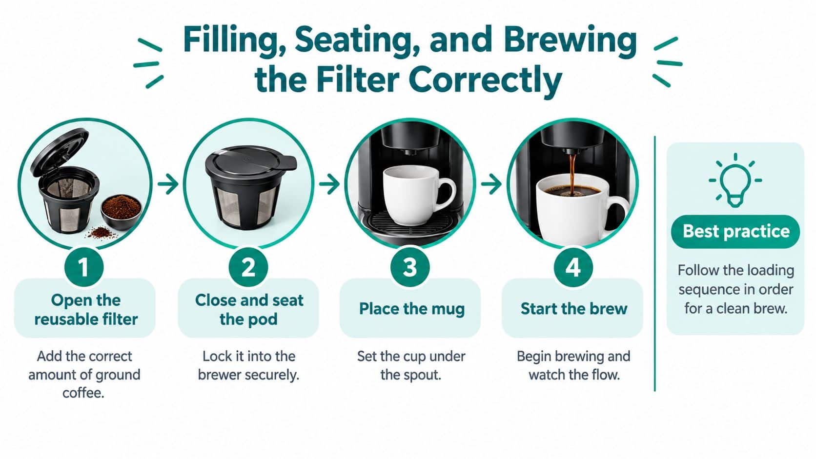 A four-step instructional infographic showing how to fill, insert, and brew with a reusable coffee filter.