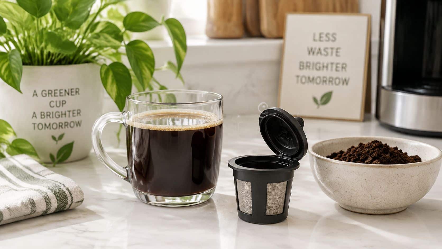 A glass mug of freshly brewed coffee next to a reusable coffee pod and ground beans.