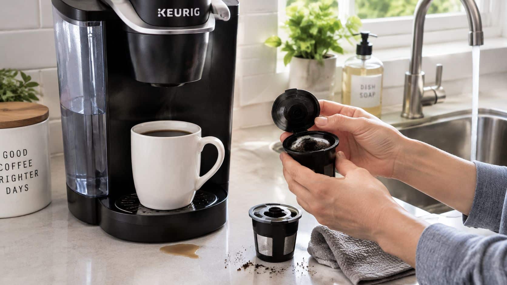A person preparing to insert a reusable K-cup coffee filter into a Keurig coffee maker on a kitchen counter.