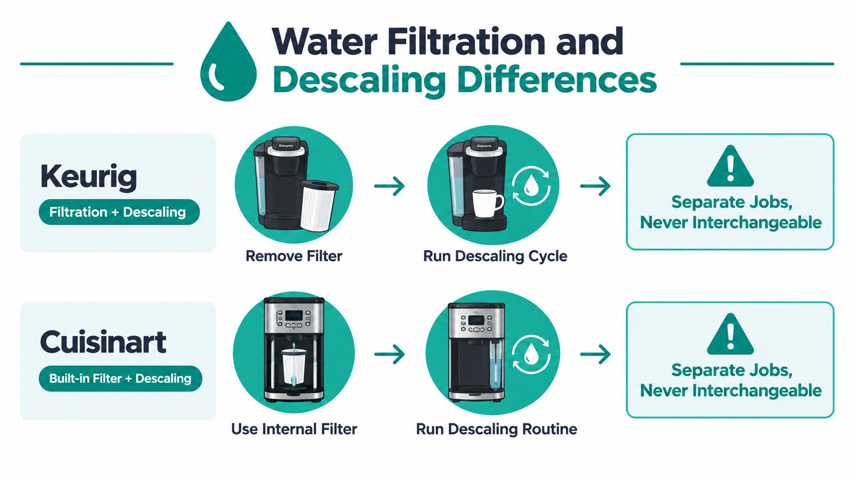 A diagram comparing water filtration and descaling procedures for Keurig and Cuisinart coffee makers.