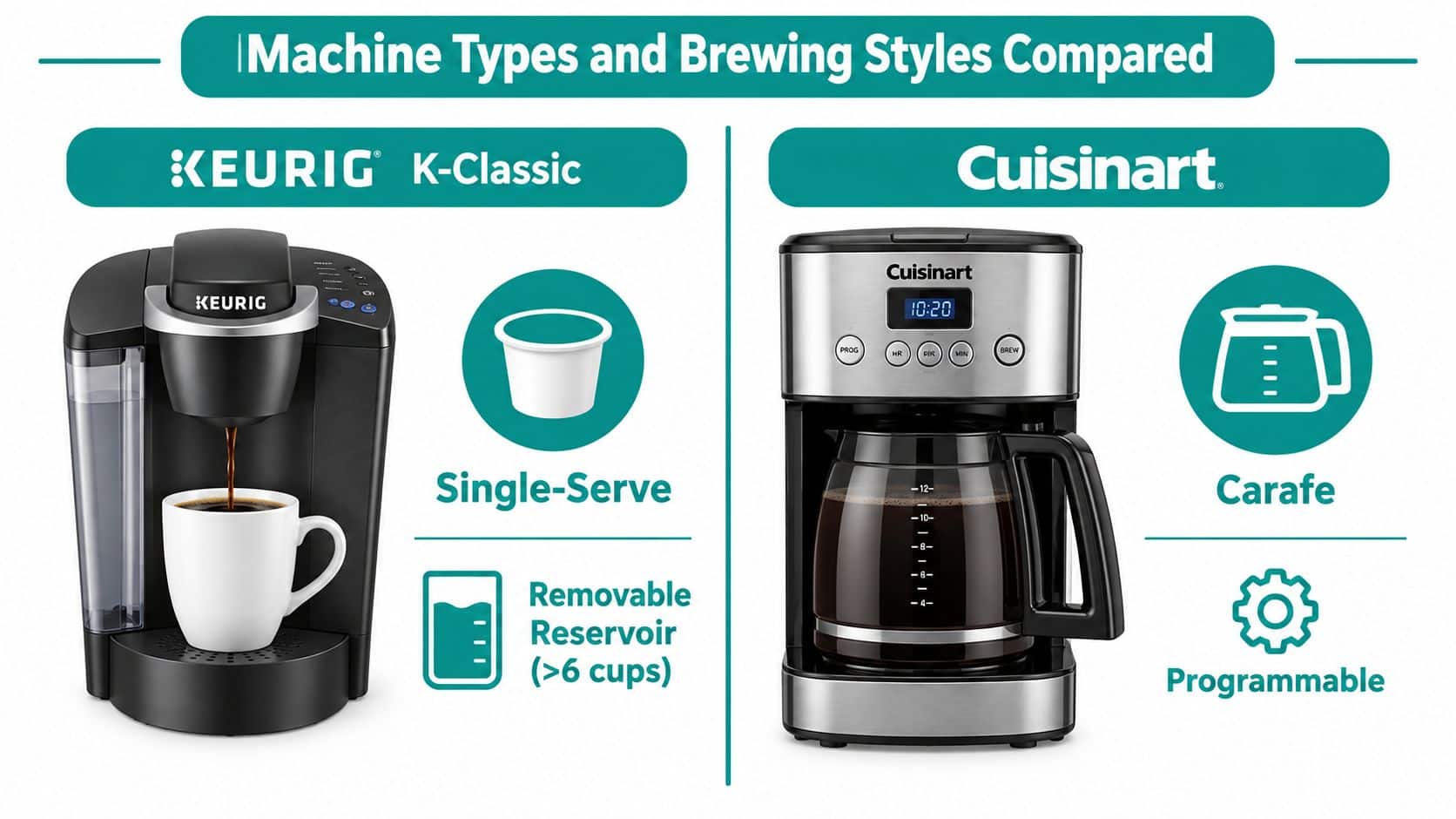 A comparison graphic showing a Keurig K-Classic single-serve coffee machine and a programmable Cuisinart carafe coffee maker.