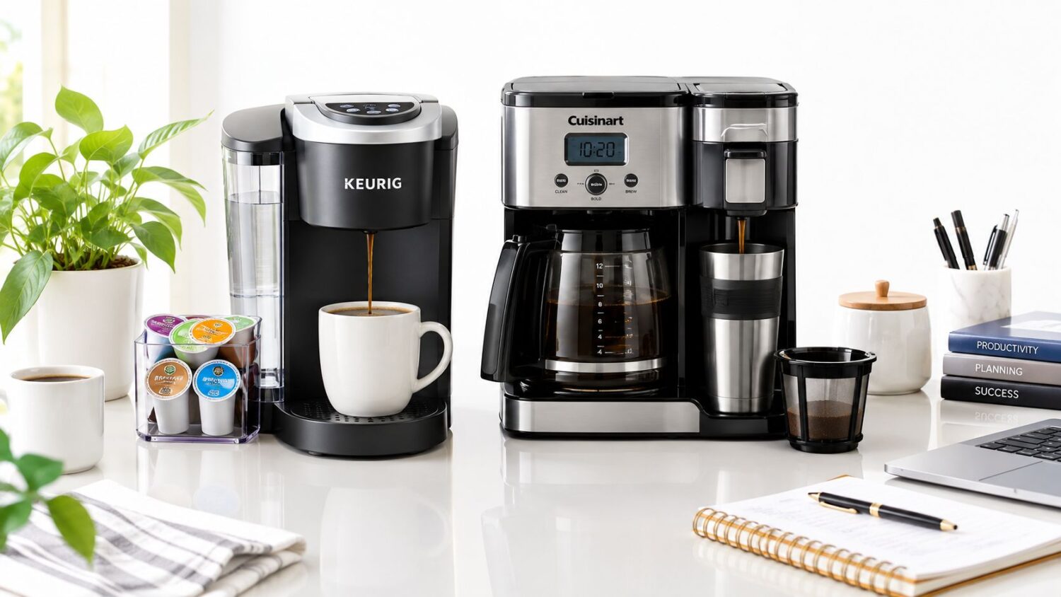 Keurig and Cuisinart coffee makers brewing coffee on a clean desk