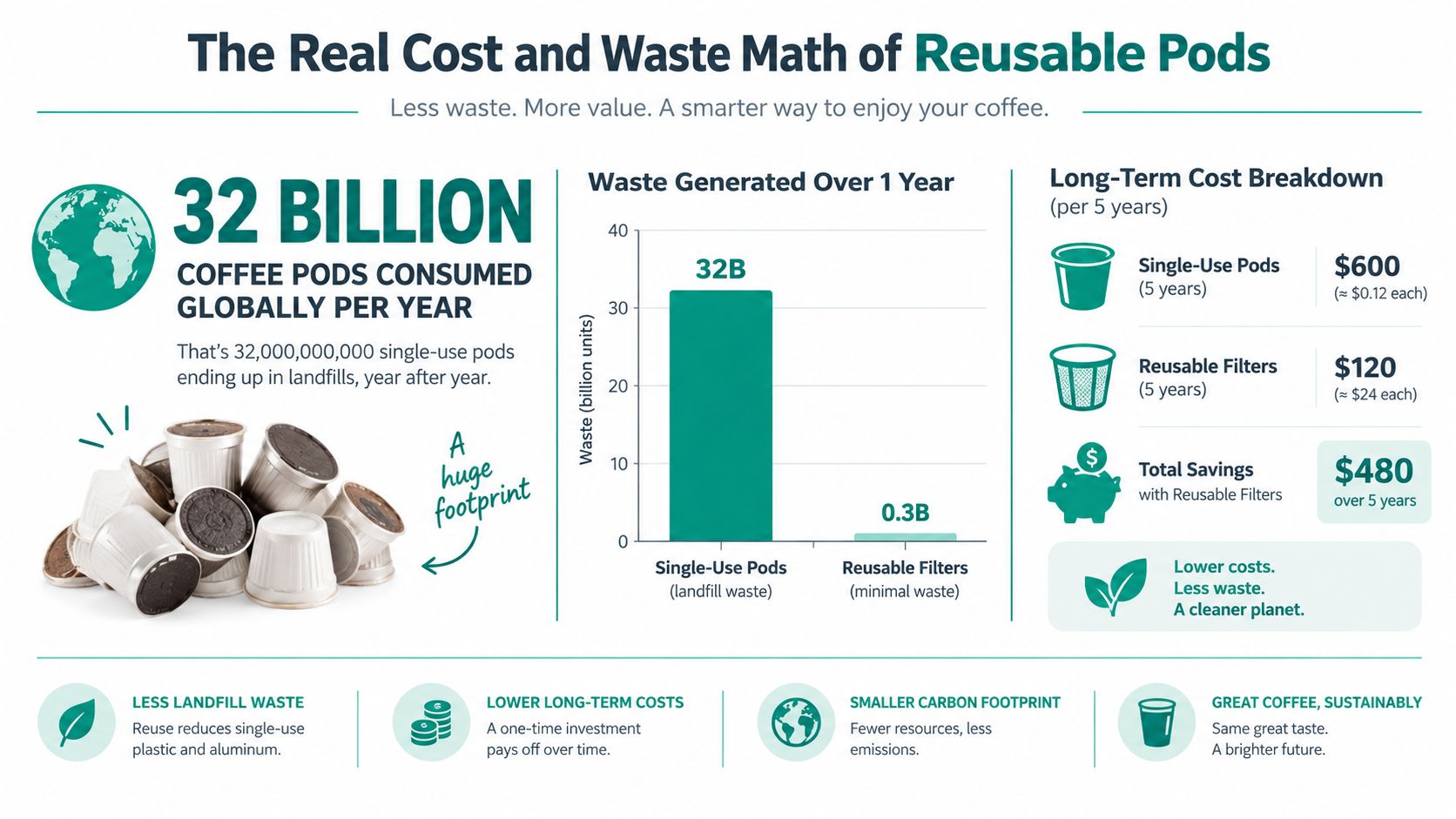 An infographic showing the environmental and financial benefits of switching from single-use coffee pods to reusable filters.