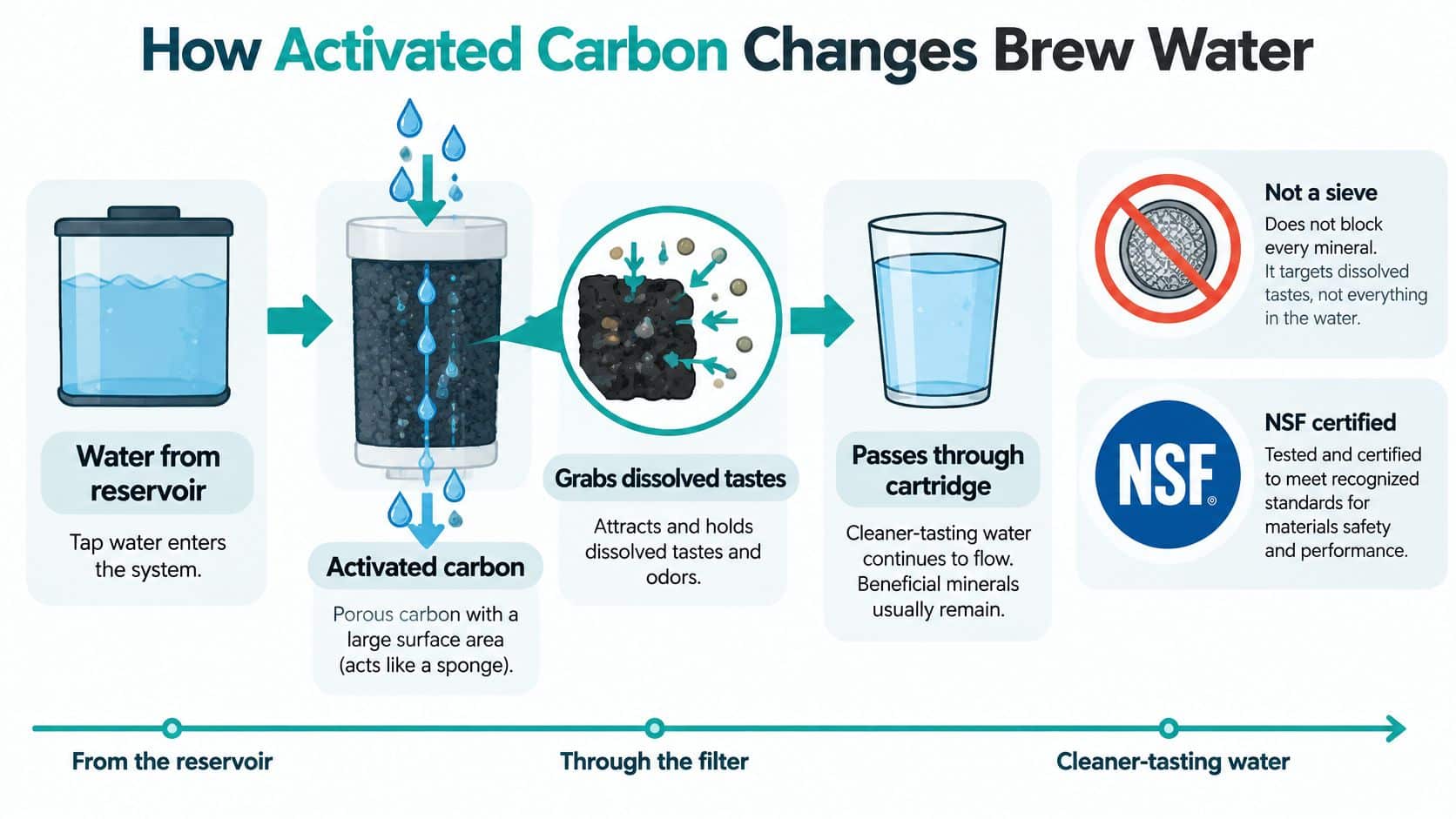 A diagram illustrating how activated carbon filters improve water quality for brewing coffee or tea.