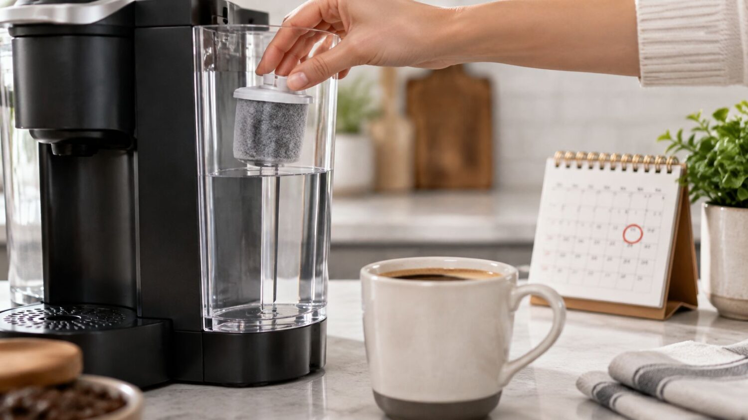 Hand inserting water filter into Keurig coffee maker with a cup of coffee nearby