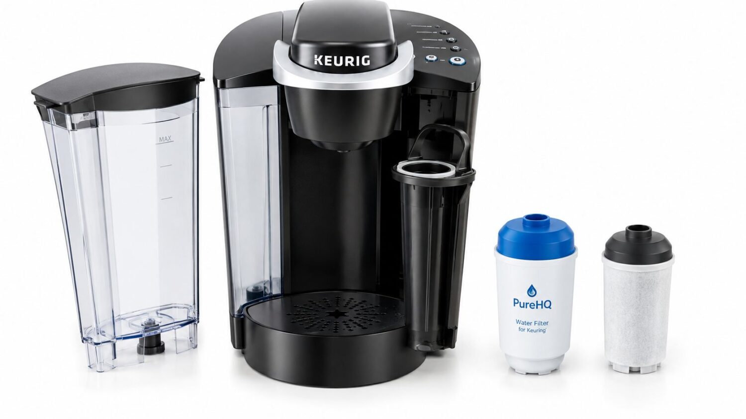 Black Keurig coffee maker with detachable water reservoir and PureHQ water filters.