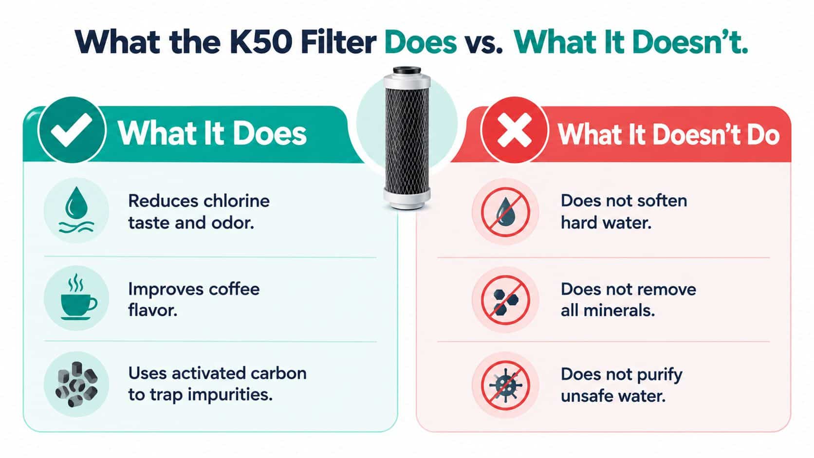 A comparison chart showing the benefits and limitations of the Keurig K50 water filter replacement cartridge.