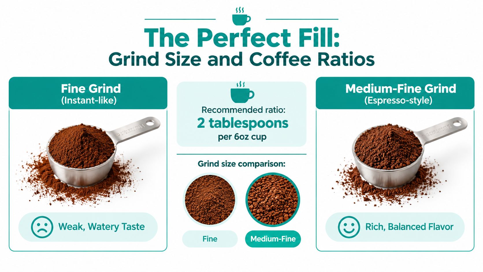 An infographic showing coffee grind sizes and their impact on flavor with recommended measurements for brewing.