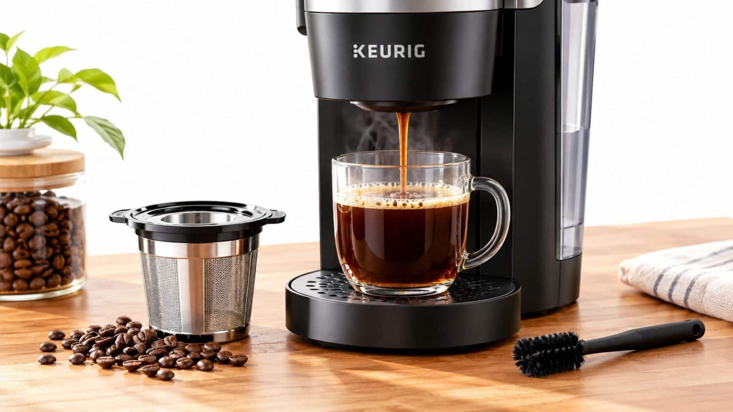 Keurig coffee maker brewing hot coffee into a glass mug, with beans nearby.