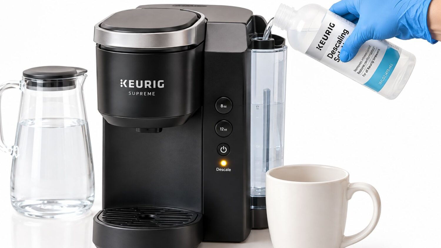 Keurig Supreme coffee maker being descaled with Keurig descaling solution.