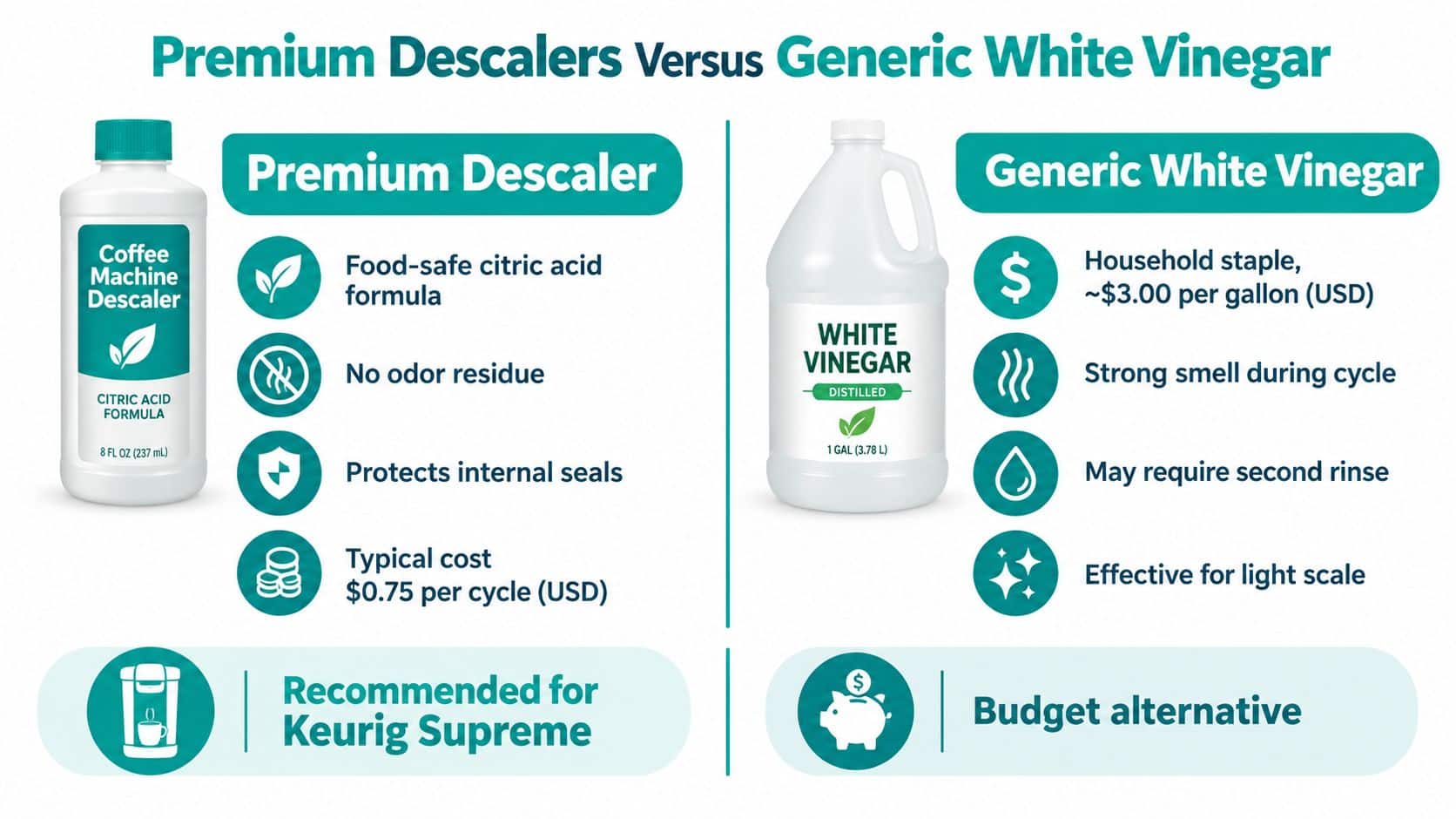 A comparison chart showing benefits of premium coffee machine descaler versus generic white vinegar for cleaning appliances.